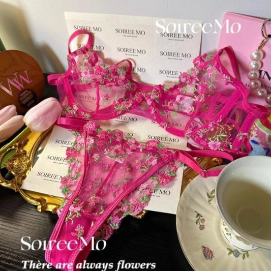 Romantic Floral Lingerie Set Women French Tulle Bra Embroidered Lace Underwear Sexy Sweet Sheer Pink Bralette Panty Set MOYISU