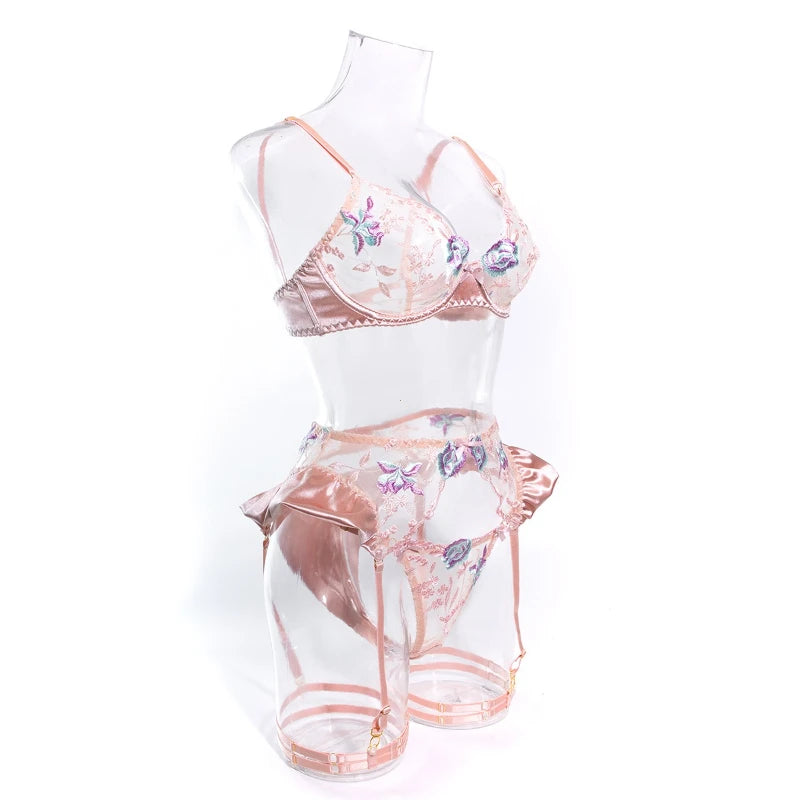 Sensual Women Lingerie Fancy Floral Sheen Silk Underwear Transparent Garter Exotic Sets Fairy Luxury Intimate Goods