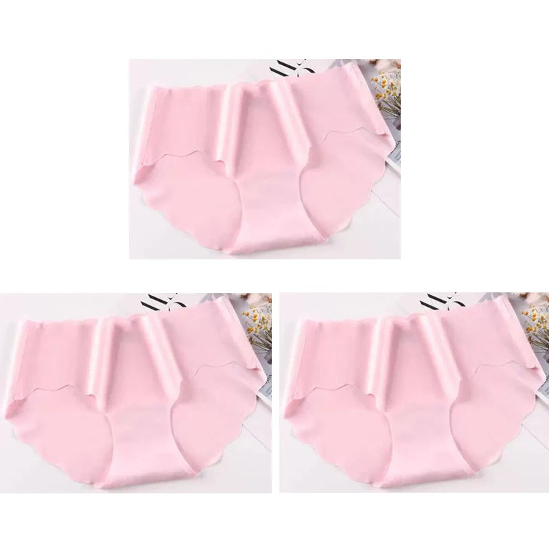 3PCS Women's Seamless Panties Sexy Icesilk Briefs Breathable Wavy Edge Mid-Waist Arm-Raising Female Close-Fitting Underwear