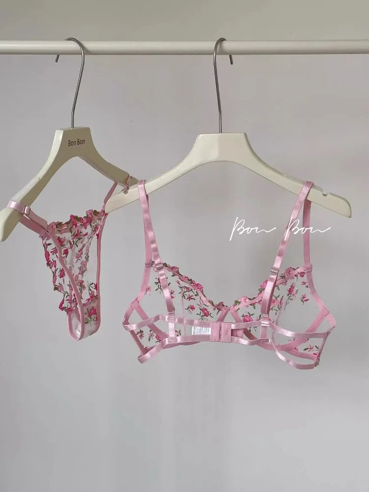 Anime-Inspired Lace Bra Set with Floral Embroidery, Sensual See-Through Underwear 32-38, Japanese Anime Style  Full Cup Bra AB