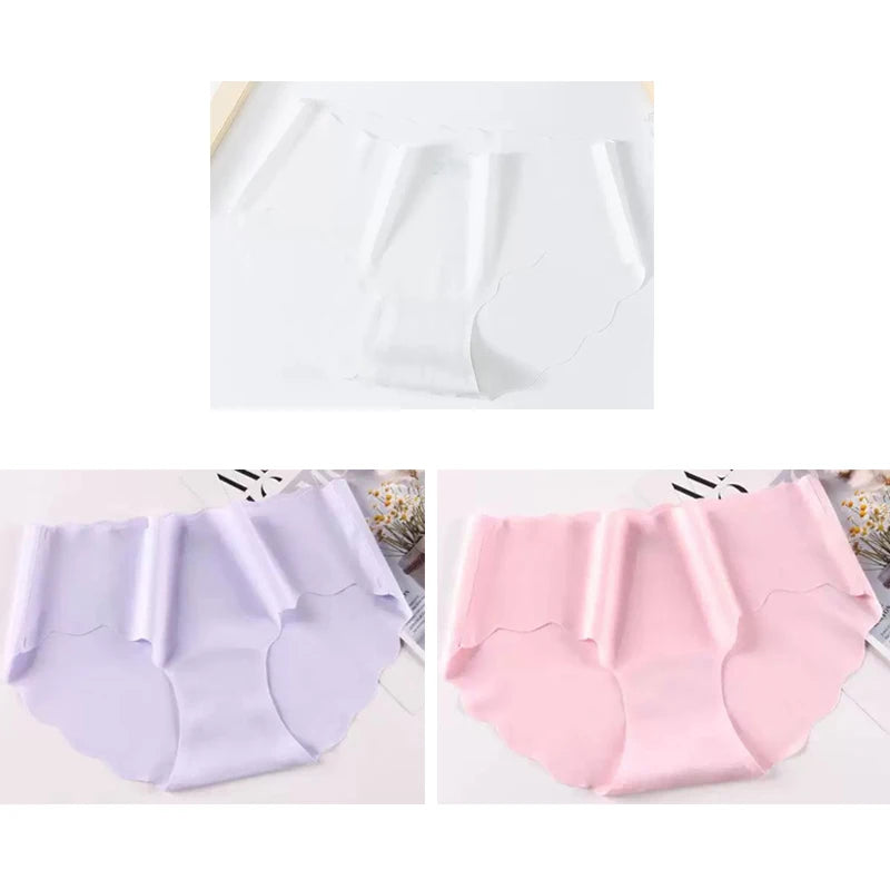 3PCS Women's Seamless Panties Sexy Icesilk Briefs Breathable Wavy Edge Mid-Waist Arm-Raising Female Close-Fitting Underwear