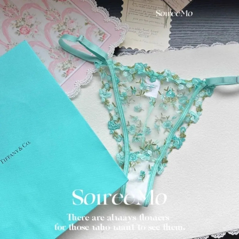 Romantic Floral Lingerie Set Women French Tulle Bra Embroidered Lace Underwear Sexy Sweet Sheer Pink Bralette Panty Set MOYISU