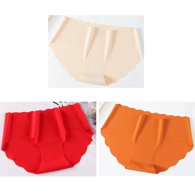 3PCS Women's Seamless Panties Sexy Icesilk Briefs Breathable Wavy Edge Mid-Waist Arm-Raising Female Close-Fitting Underwear