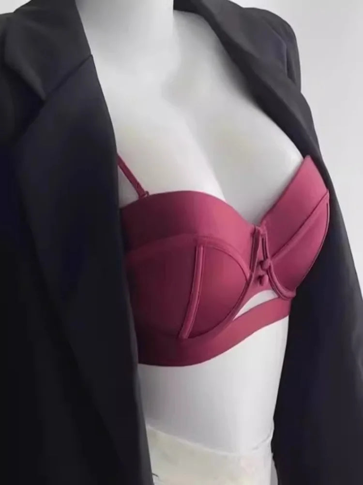 YUQI French Retro Pearl Satin Bra Set - AA Cup Strapless Push Up Lingerie, Anti-Sagging Padded Half Cup Underwear  Sex Underwear