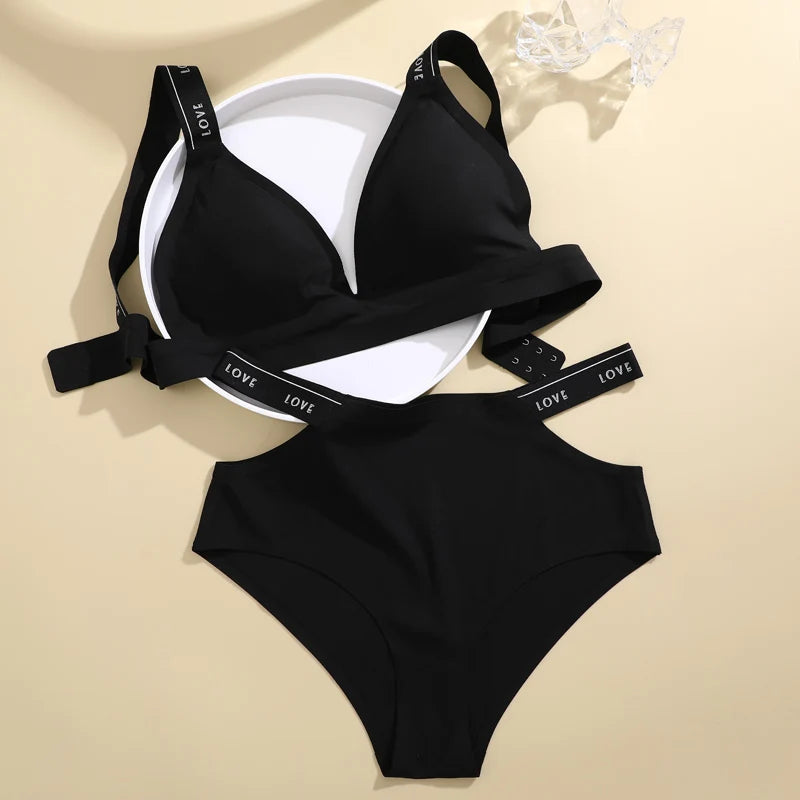 2PCS Women's Sexy Letter Seamless Ice Silk Bra Panties Set High Elastic Hollow Cross Waistband Panties No Wire Push Up Brassiere
