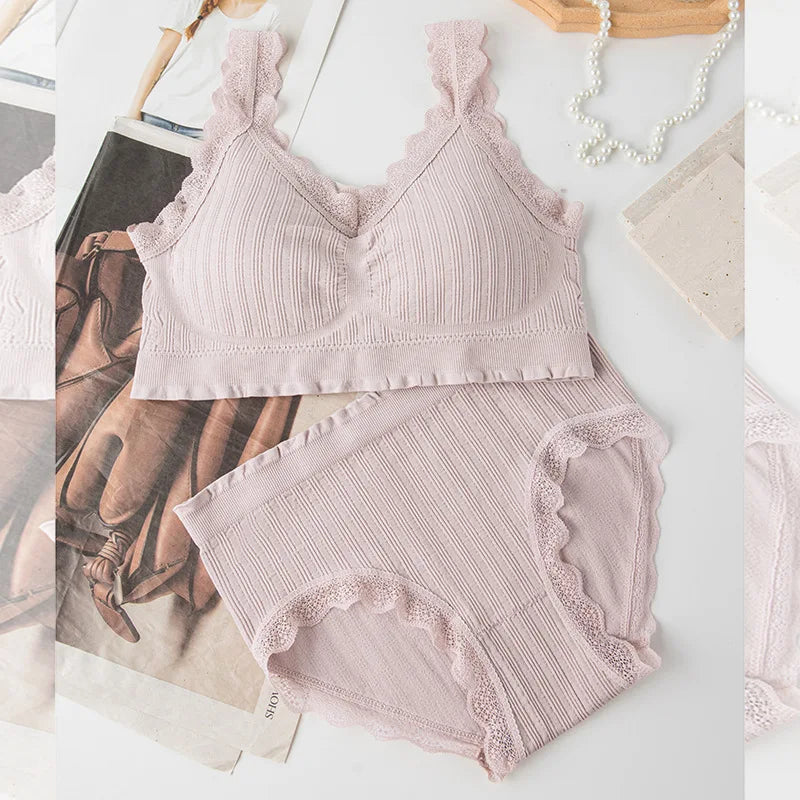New Ladies Seamless U-Shaped Lace Back Bra Set Without Steel Ring Sexy V-Neck Back Underwear Panty Set Female Comfortable Bra