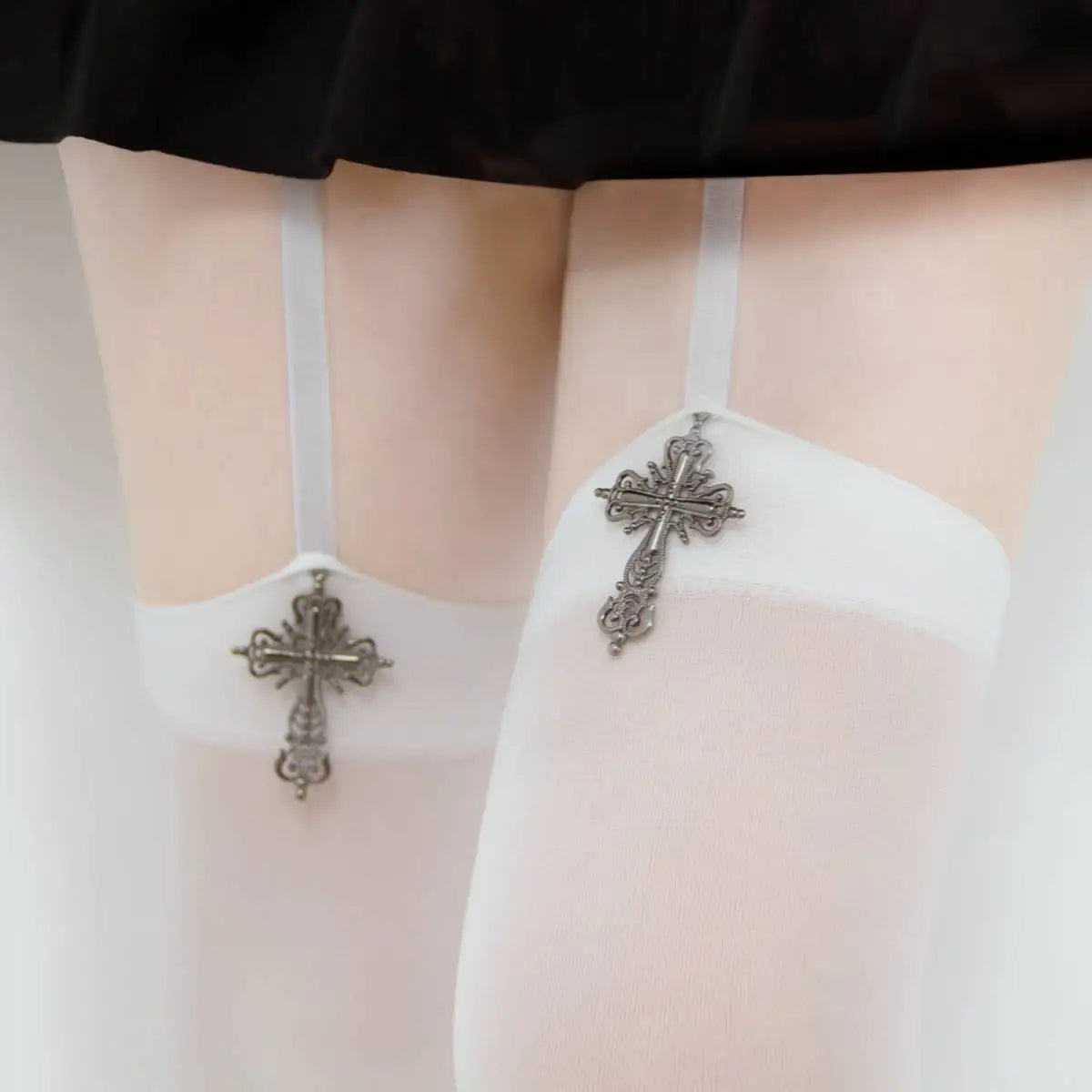 1/2pairs Gothic Cross Decoration Tight for Women Stockings Solid Color Thin Thigh High Lolita Over Knee Stockings