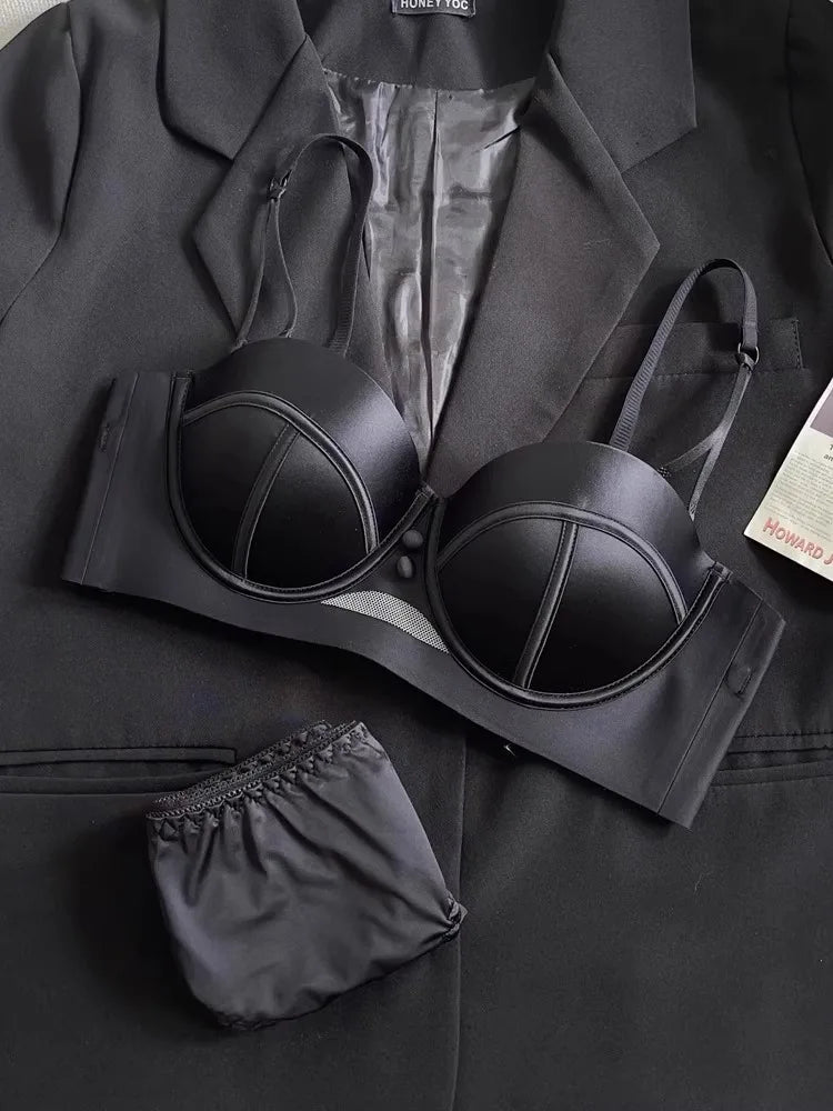 YUQI French Retro Pearl Satin Bra Set - AA Cup Strapless Push Up Lingerie, Anti-Sagging Padded Half Cup Underwear  Sex Underwear