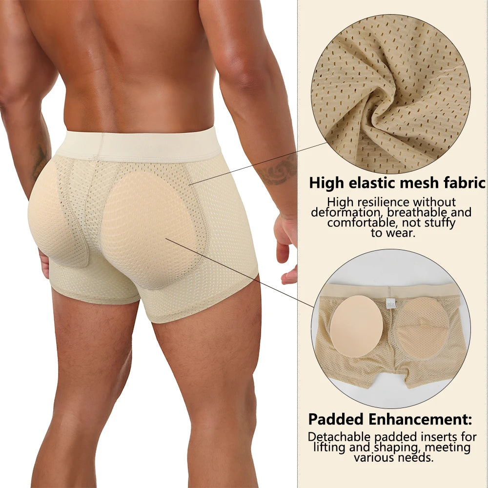 Men Hip Lift Body Shaper Sponge Fake Butt Padded Boxer Briefs Hollow out Breathable Slimming Underwear Body Shaping Enhancement