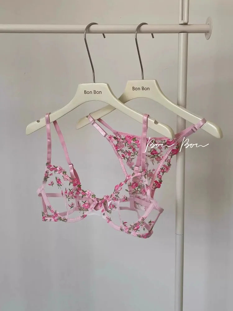 Anime-Inspired Lace Bra Set with Floral Embroidery, Sensual See-Through Underwear 32-38, Japanese Anime Style  Full Cup Bra AB