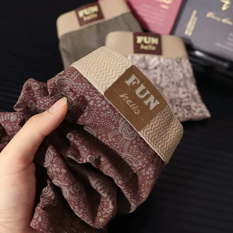 3-Piece Set Of Rose Classical Printed Men's Sexy Boxer Shorts, Soft And Comfortable Underwear, Men's Casual Dour Cornered Pants