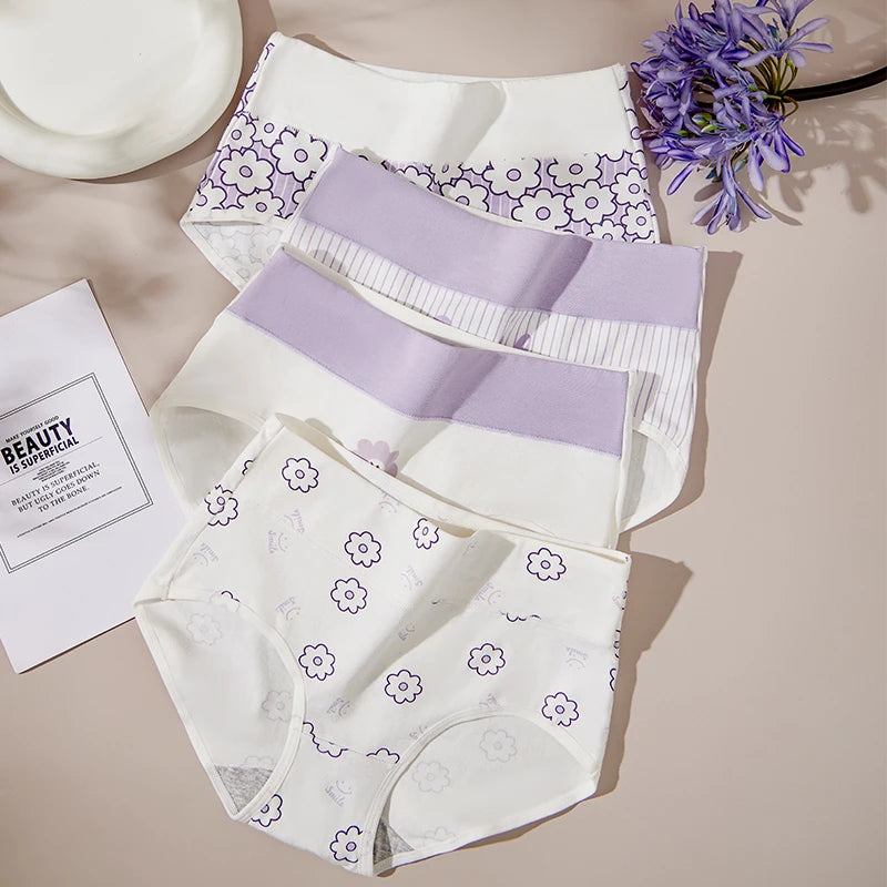 4Pcs Cotton Women Panties High Waist Underwear Print Pantys Ladies Briefs Breathable Plus Size Underpants Sexy Female Lingerie