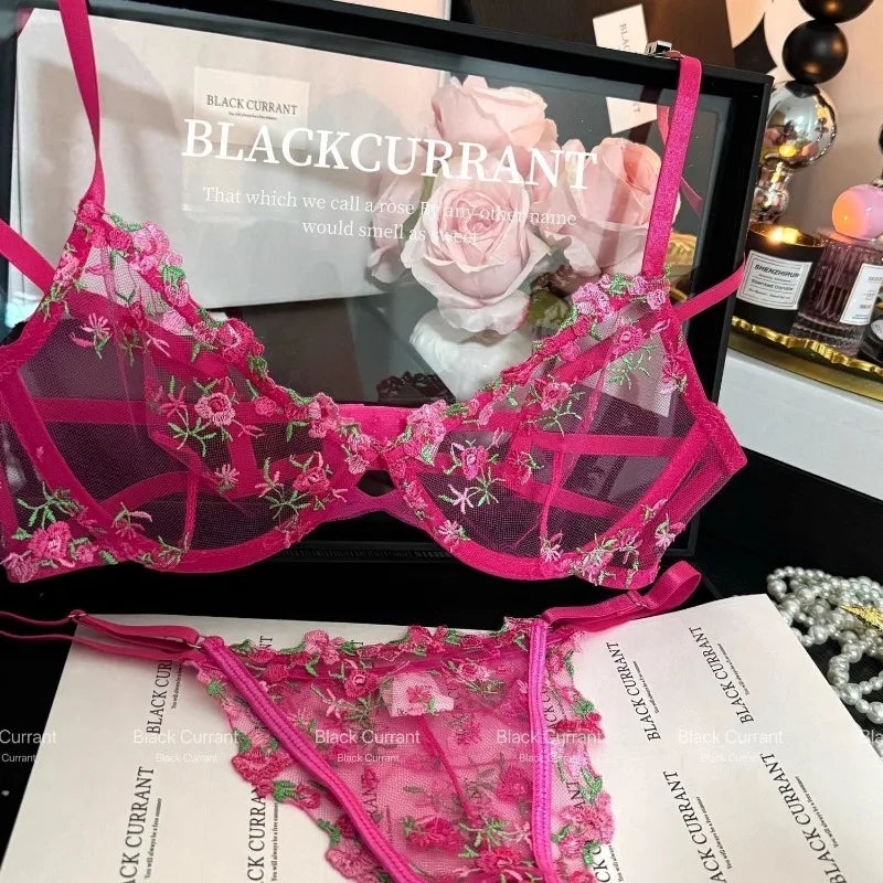 Women's French Embroidered Lace Set Sensual Mesh Bra Set & Brief Soft Underwire Unpadded Bralette Deep V Plunge Elegant Lingerie