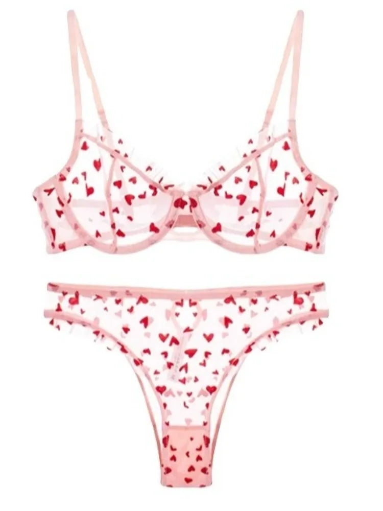 YUQI Chic Heart Lace Push-Up Bra Set | Small Bust Enhancer | Anti-Sagging Mesh Underwear | Women's French Style Lingerie Kit