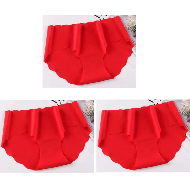 3PCS Women's Seamless Panties Sexy Icesilk Briefs Breathable Wavy Edge Mid-Waist Arm-Raising Female Close-Fitting Underwear