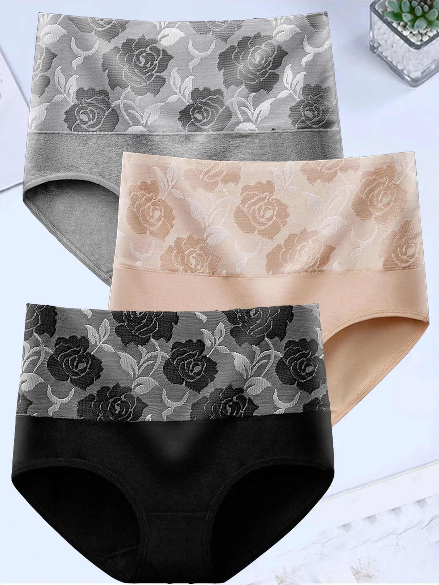 3Pcs/Lot High Waist Panties for Women Cotton Plus Size Underwear Female Print Flower Briefs Ladies Shapers Soft Sexy Lingeries