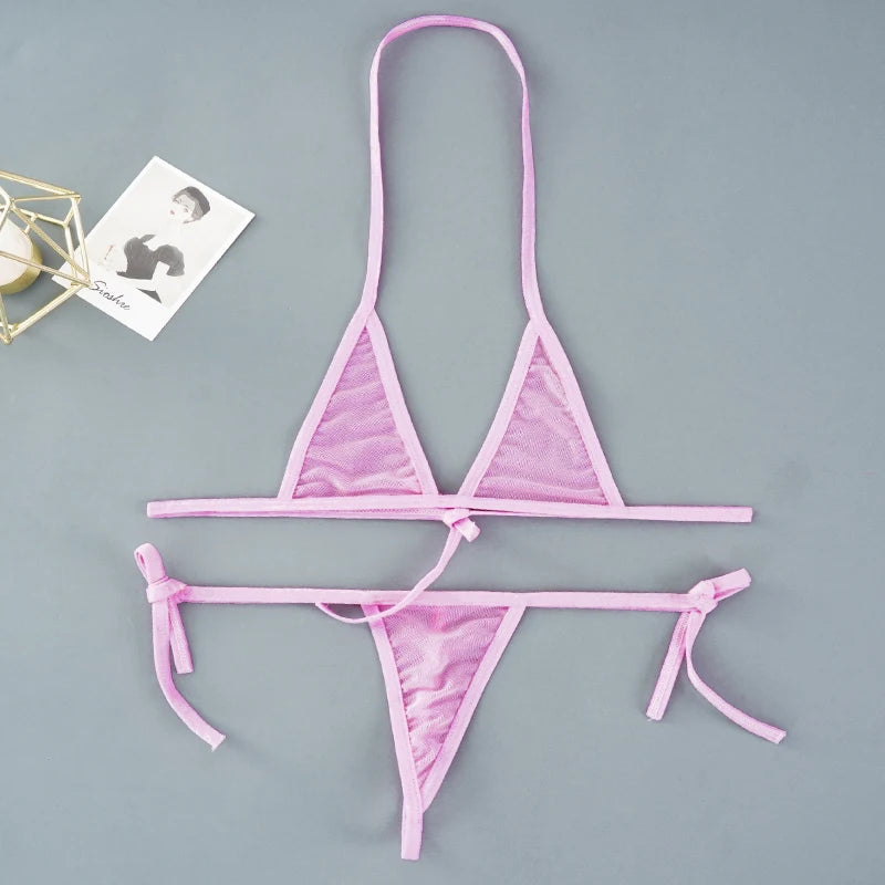 Sexy Mini Bra Sets Wirefree Ultra-thin Mesh Unlined Bra Brief Set Black Transparent 2 Pieces Halter Women's Exotic Lingerie Sets