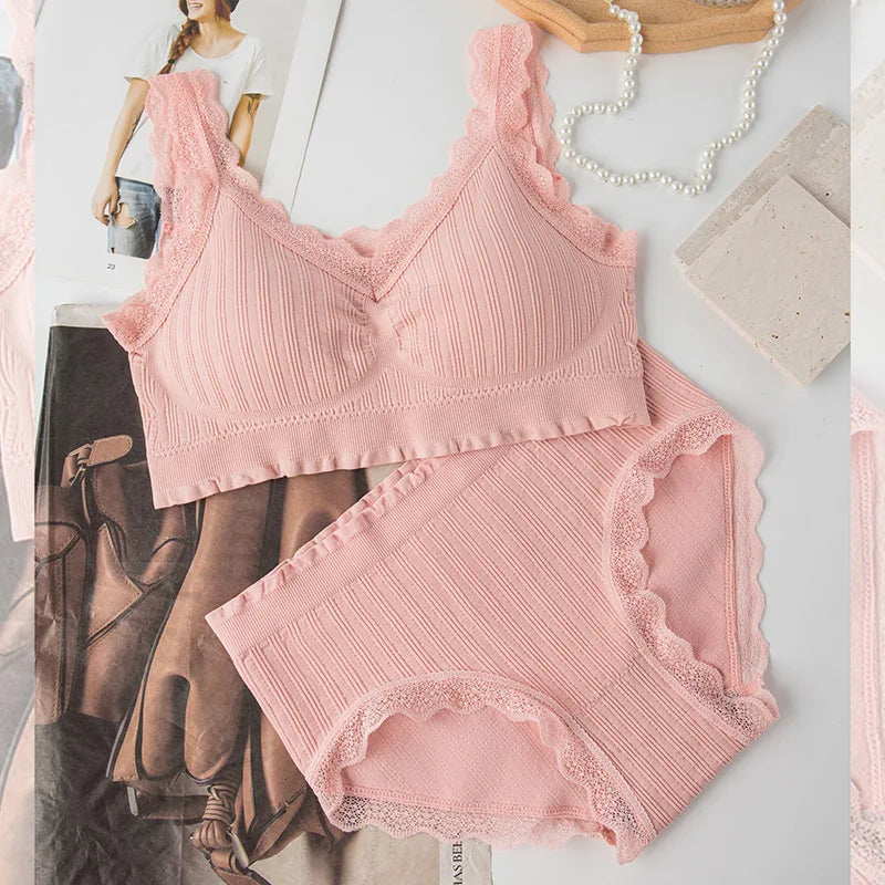 New Ladies Seamless U-Shaped Lace Back Bra Set Without Steel Ring Sexy V-Neck Back Underwear Panty Set Female Comfortable Bra