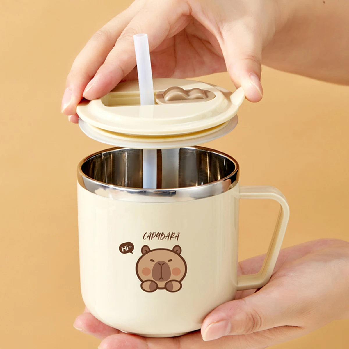 Cute Capybara 316 Stainless Steel Kid Water Cup With Straw 270ml Double Wall Insulated Mug Leak-proof Milk Coffee Cup
