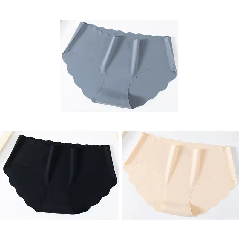 3PCS Women's Seamless Panties Sexy Icesilk Briefs Breathable Wavy Edge Mid-Waist Arm-Raising Female Close-Fitting Underwear