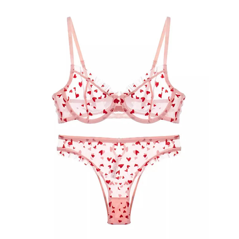 YUQI Chic Heart Lace Push-Up Bra Set | Small Bust Enhancer | Anti-Sagging Mesh Underwear | Women's French Style Lingerie Kit