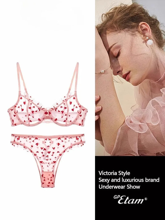 YUQI Chic Heart Lace Push-Up Bra Set | Small Bust Enhancer | Anti-Sagging Mesh Underwear | Women's French Style Lingerie Kit