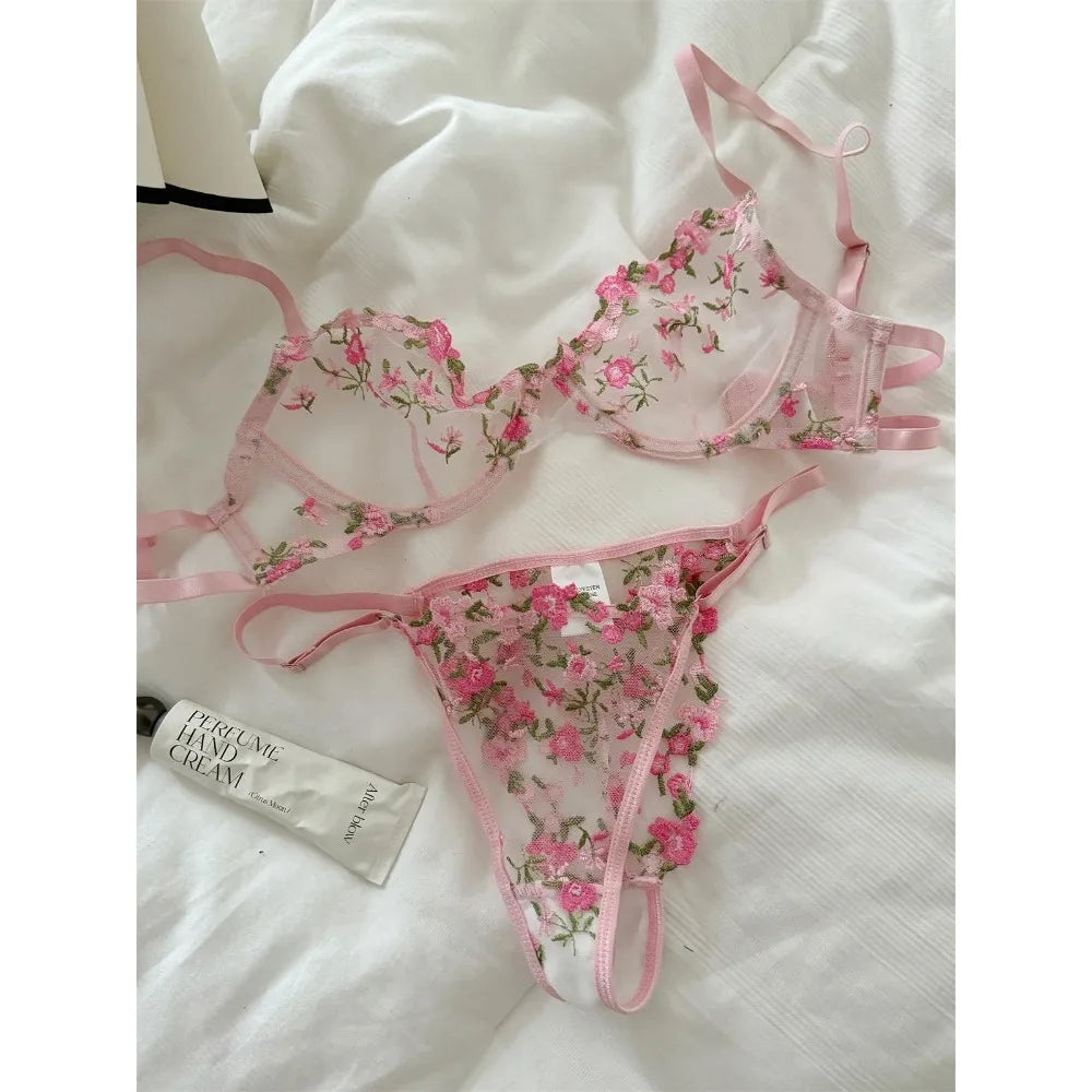 Romantic Floral Lingerie Set Women French Tulle Bra Embroidered Lace Underwear Sexy Sweet Sheer Pink Bralette Panty Set MOYISU