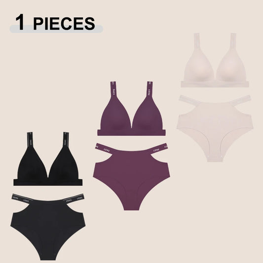 2PCS Women's Sexy Letter Seamless Ice Silk Bra Panties Set High Elastic Hollow Cross Waistband Panties No Wire Push Up Brassiere