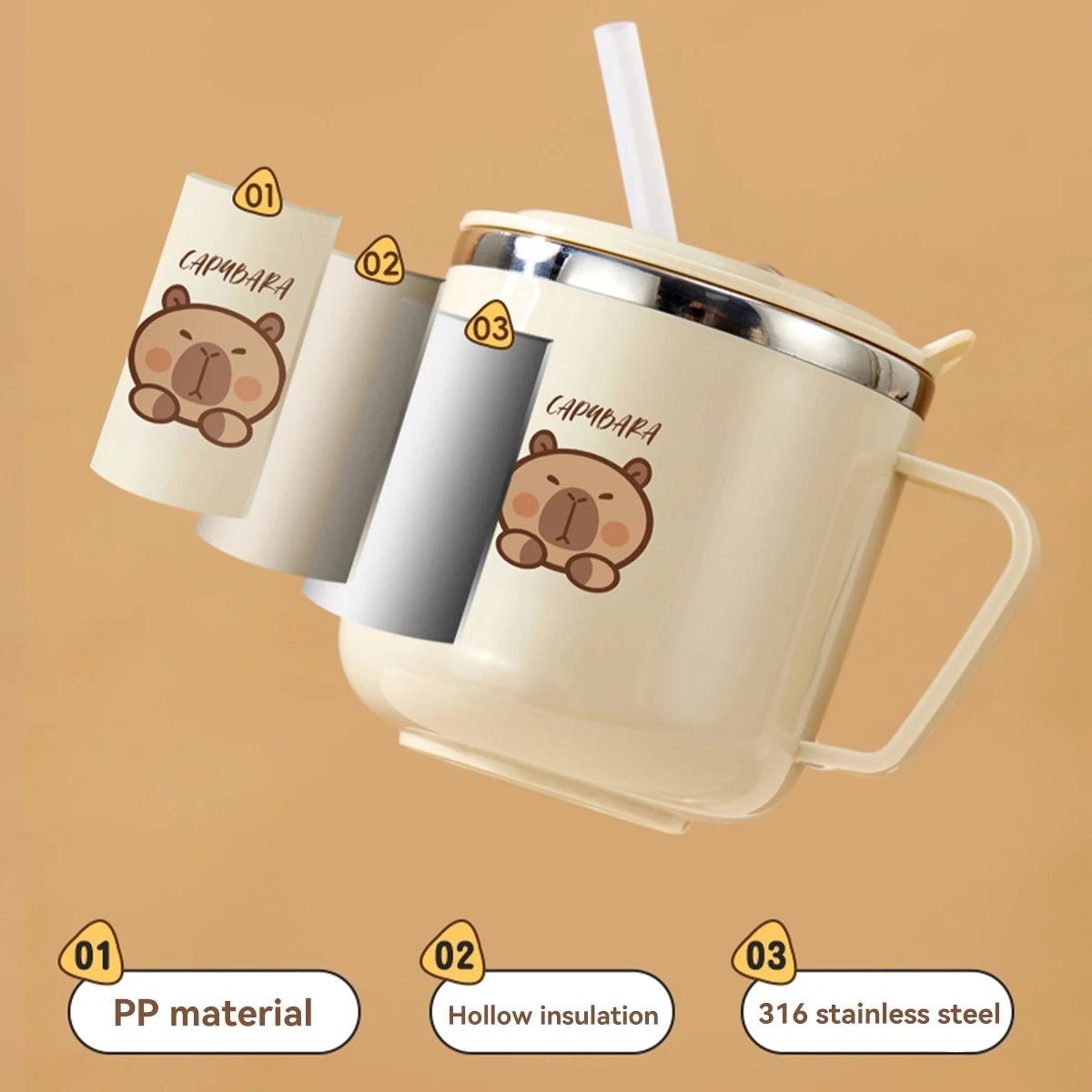 Cute Capybara 316 Stainless Steel Kid Water Cup With Straw 270ml Double Wall Insulated Mug Leak-proof Milk Coffee Cup