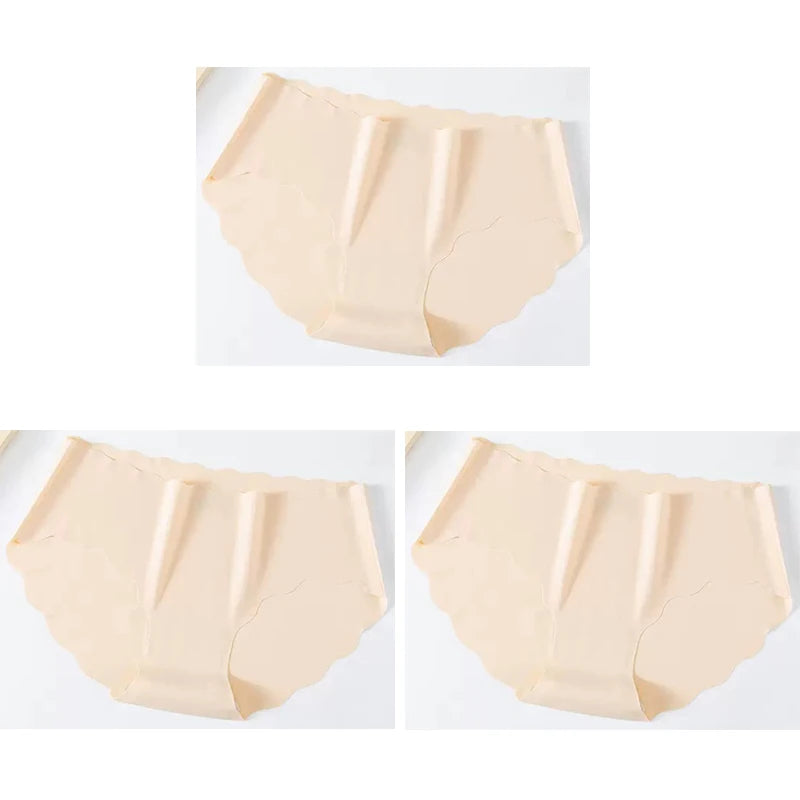 3PCS Women's Seamless Panties Sexy Icesilk Briefs Breathable Wavy Edge Mid-Waist Arm-Raising Female Close-Fitting Underwear