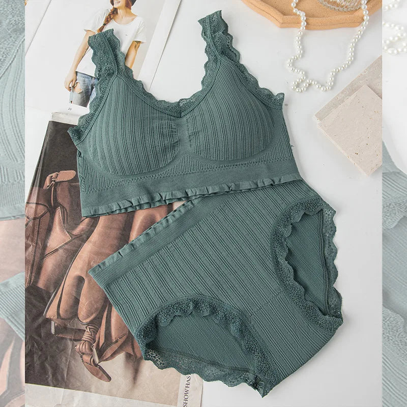 New Ladies Seamless U-Shaped Lace Back Bra Set Without Steel Ring Sexy V-Neck Back Underwear Panty Set Female Comfortable Bra