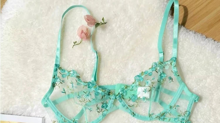 Romantic Floral Lingerie Set Women French Tulle Bra Embroidered Lace Underwear Sexy Sweet Sheer Pink Bralette Panty Set MOYISU