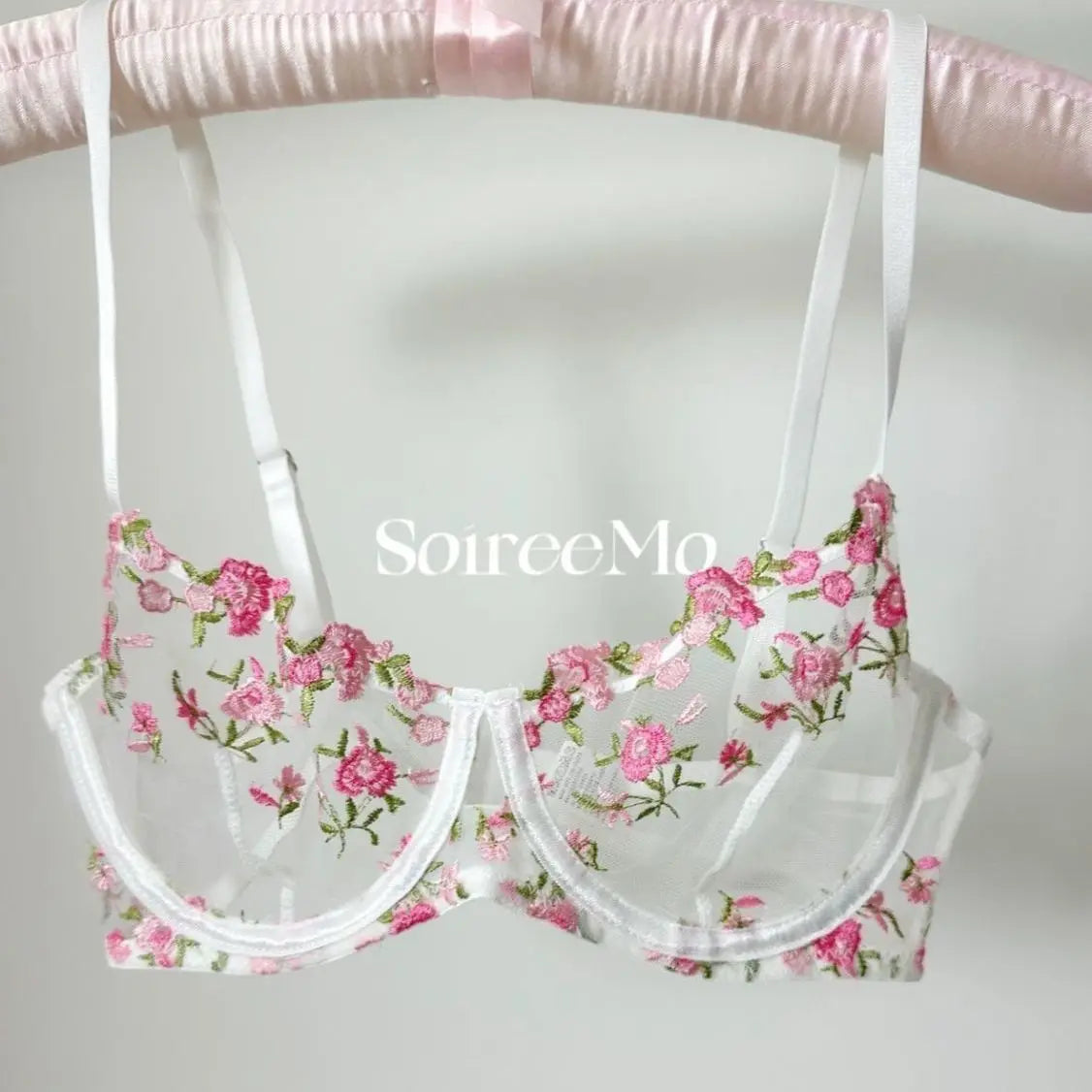 Romantic Floral Lingerie Set Women French Tulle Bra Embroidered Lace Underwear Sexy Sweet Sheer Pink Bralette Panty Set MOYISU