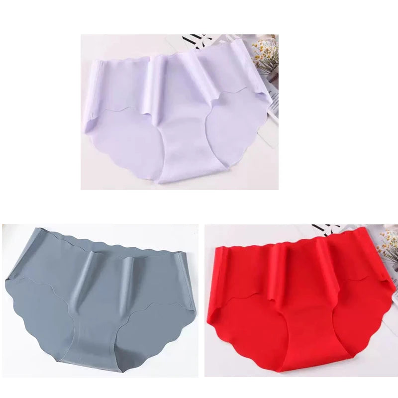 3PCS Women's Seamless Panties Sexy Icesilk Briefs Breathable Wavy Edge Mid-Waist Arm-Raising Female Close-Fitting Underwear
