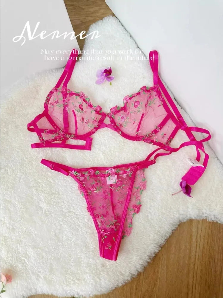 Romantic Floral Lingerie Set Women French Tulle Bra Embroidered Lace Underwear Sexy Sweet Sheer Pink Bralette Panty Set MOYISU
