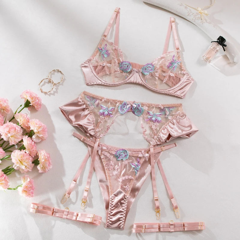 Sensual Women Lingerie Fancy Floral Sheen Silk Underwear Transparent Garter Exotic Sets Fairy Luxury Intimate Goods