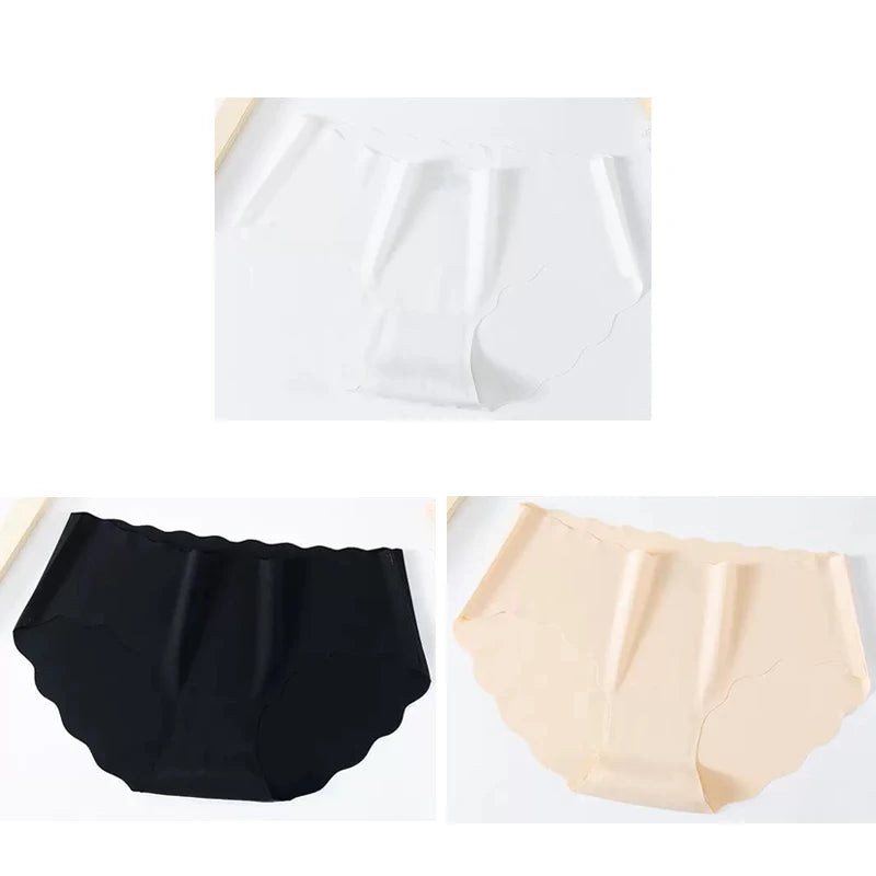 3PCS Women's Seamless Panties Sexy Icesilk Briefs Breathable Wavy Edge Mid-Waist Arm-Raising Female Close-Fitting Underwear
