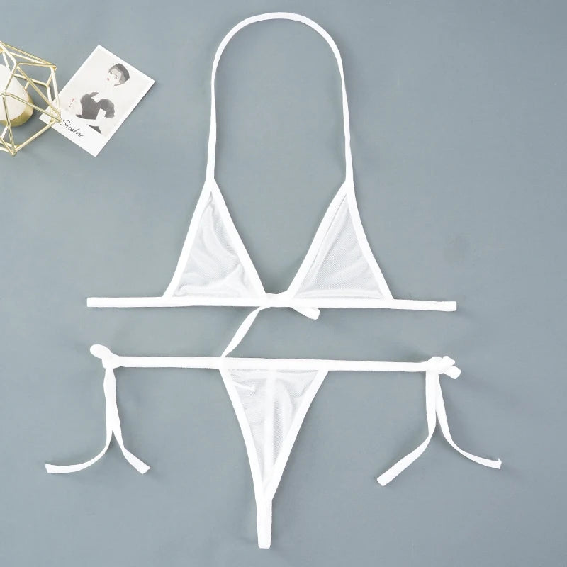 Sexy Mini Bra Sets Wirefree Ultra-thin Mesh Unlined Bra Brief Set Black Transparent 2 Pieces Halter Women's Exotic Lingerie Sets