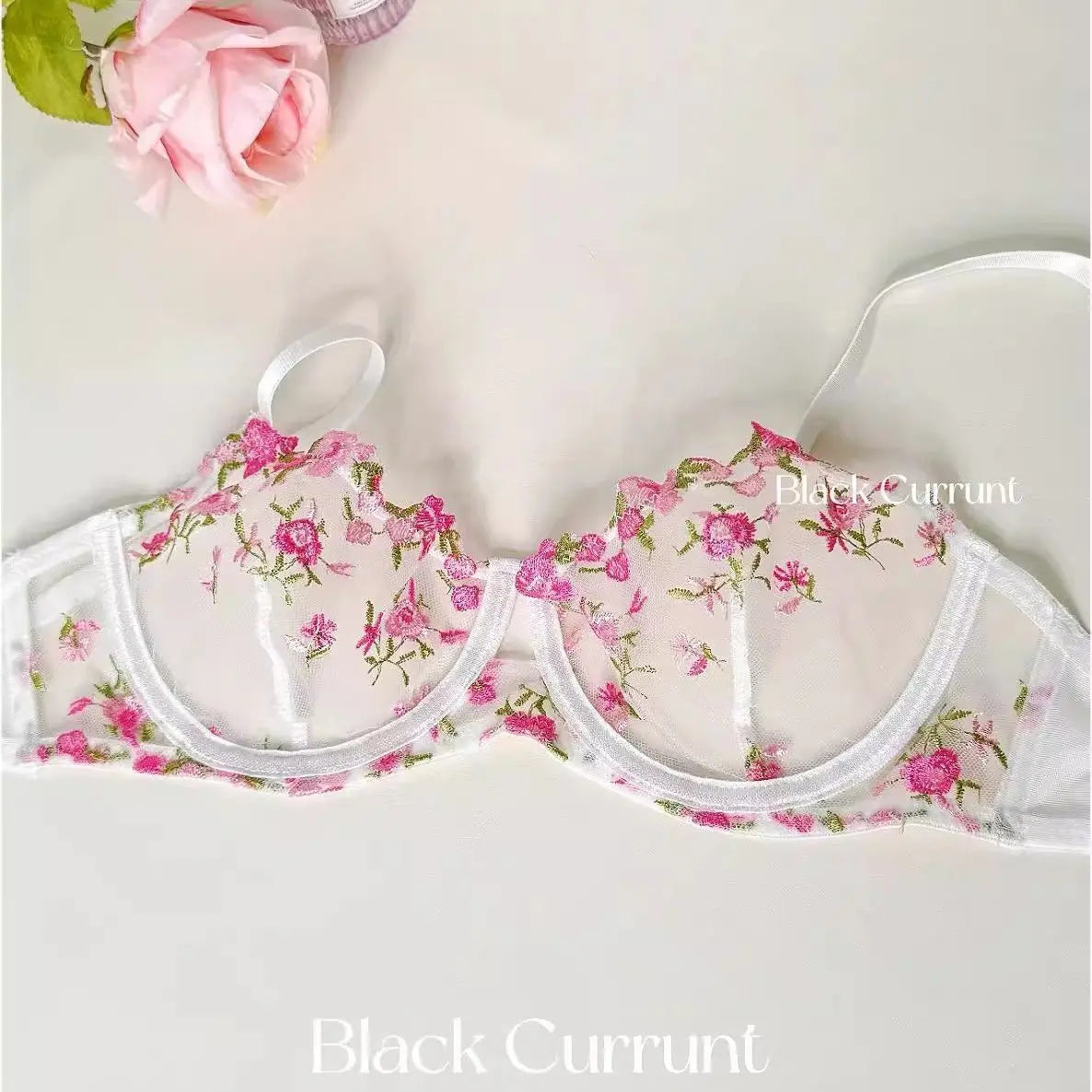Women's French Embroidered Lace Set Sensual Mesh Bra Set & Brief Soft Underwire Unpadded Bralette Deep V Plunge Elegant Lingerie