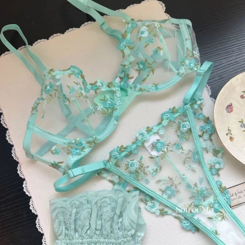 Women's French Embroidered Lace Set Sensual Mesh Bra Set & Brief Soft Underwire Unpadded Bralette Deep V Plunge Elegant Lingerie