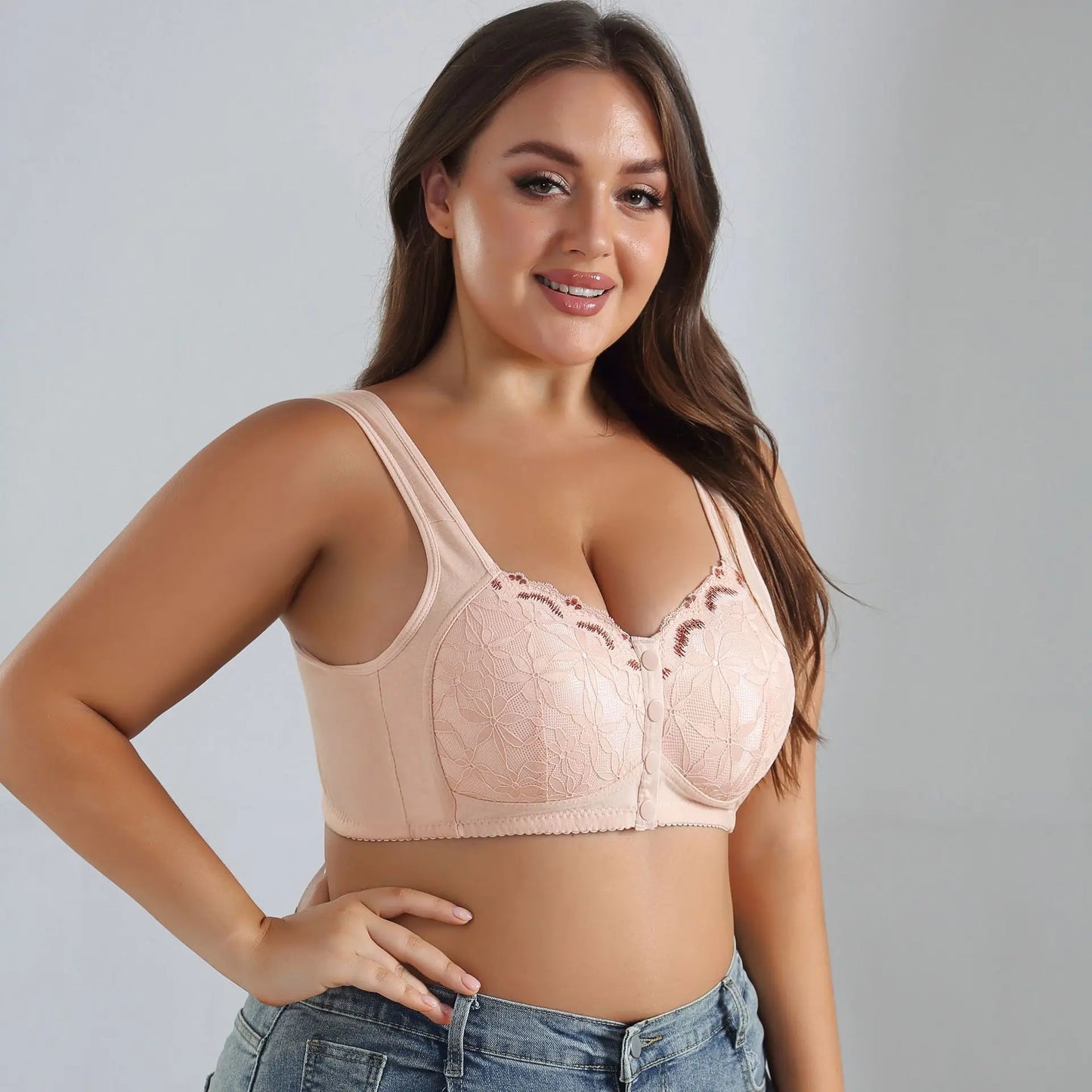 Soft Cotton Thin Cup Front Buckle Underwear Middle-aged Elderly Women Lace No Underwire Vest Type Extra Large Comfortable Bra