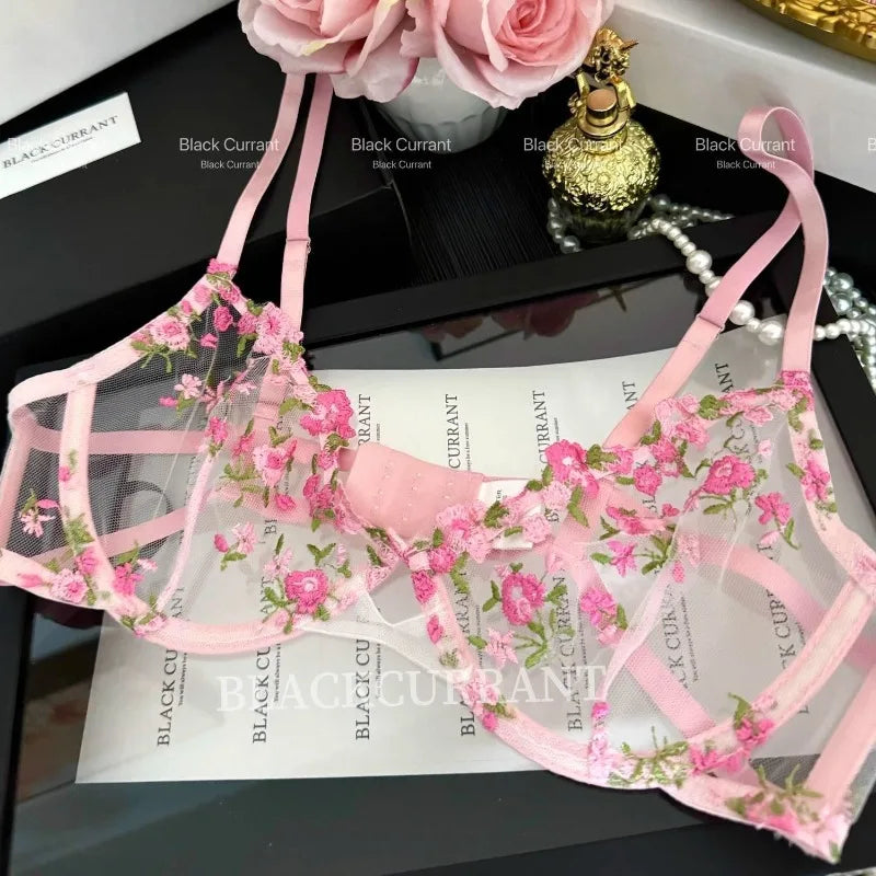 Women's French Embroidered Lace Set Sensual Mesh Bra Set & Brief Soft Underwire Unpadded Bralette Deep V Plunge Elegant Lingerie