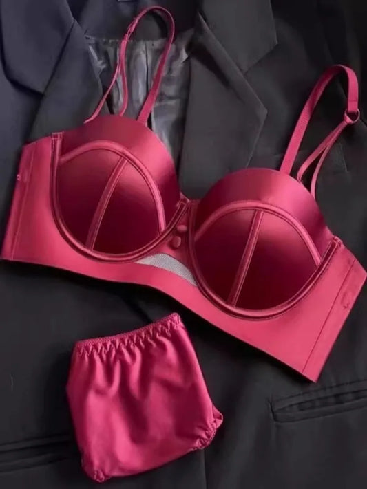 YUQI French Retro Pearl Satin Bra Set - AA Cup Strapless Push Up Lingerie, Anti-Sagging Padded Half Cup Underwear  Sex Underwear