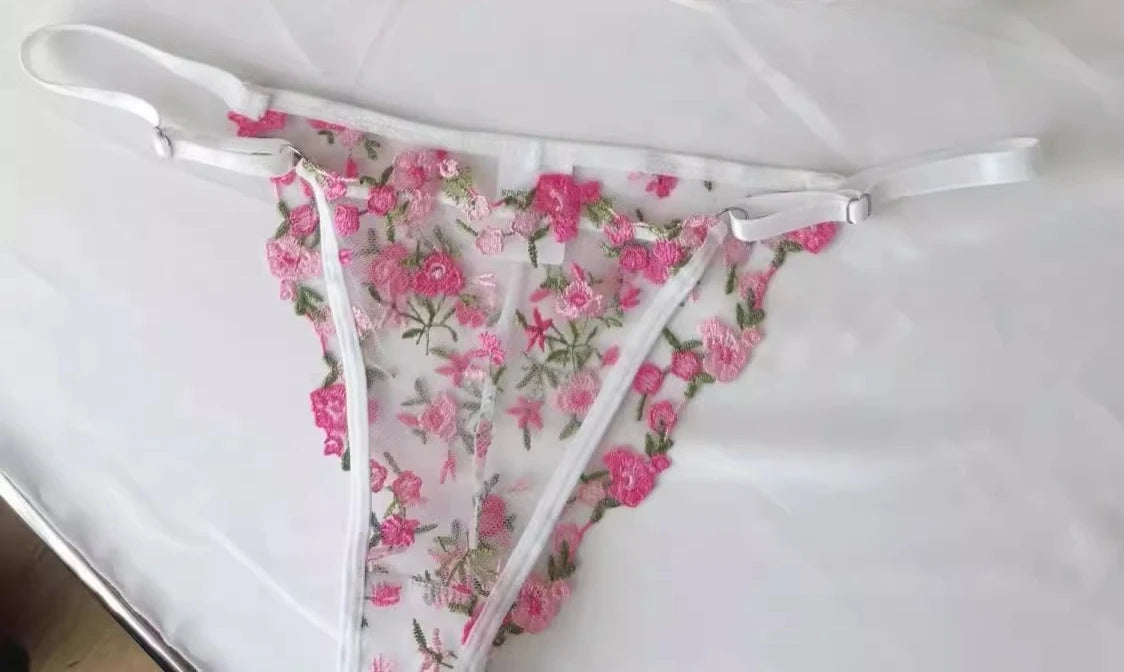 Romantic Floral Lingerie Set Women French Tulle Bra Embroidered Lace Underwear Sexy Sweet Sheer Pink Bralette Panty Set MOYISU