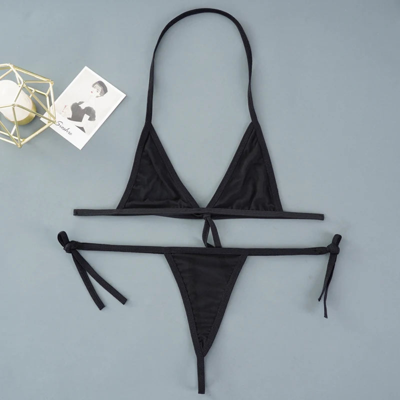 Sexy Mini Bra Sets Wirefree Ultra-thin Mesh Unlined Bra Brief Set Black Transparent 2 Pieces Halter Women's Exotic Lingerie Sets