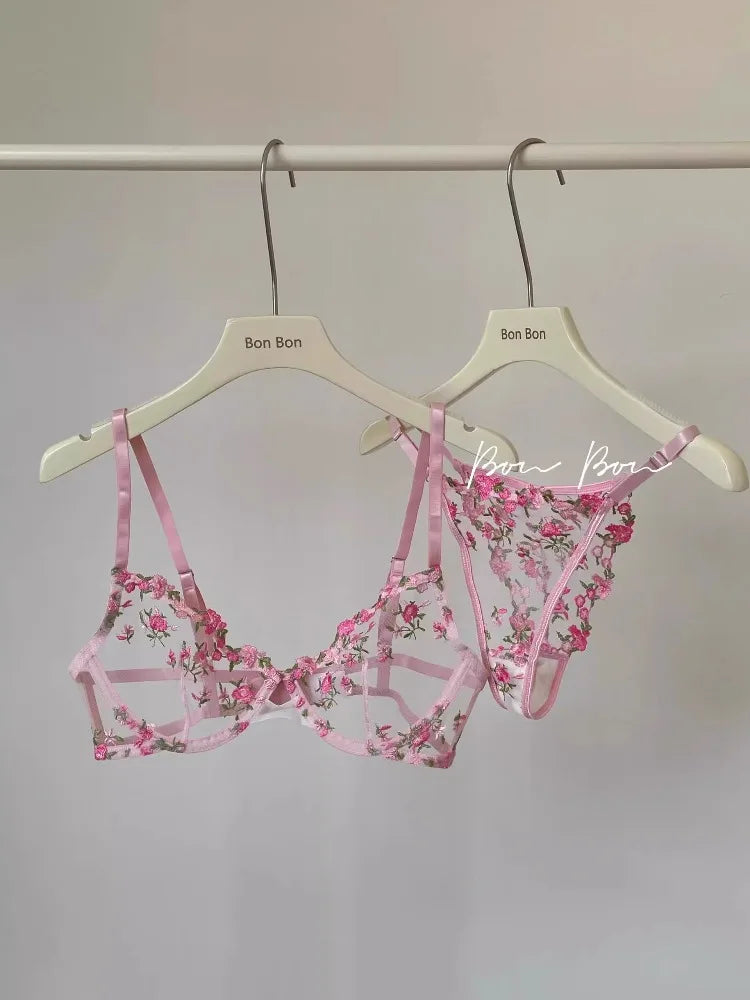 Anime-Inspired Lace Bra Set with Floral Embroidery, Sensual See-Through Underwear 32-38, Japanese Anime Style  Full Cup Bra AB