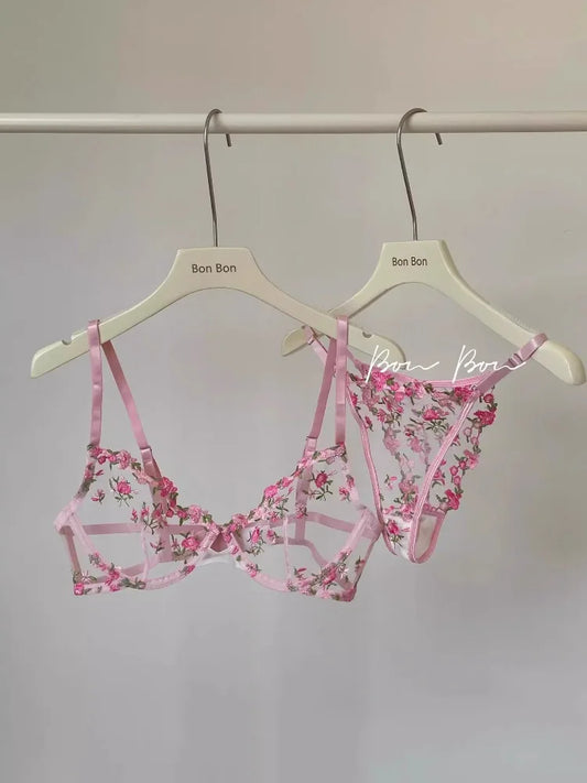 Anime-Inspired Lace Bra Set with Floral Embroidery, Sensual See-Through Underwear 32-38, Japanese Anime Style  Full Cup Bra AB