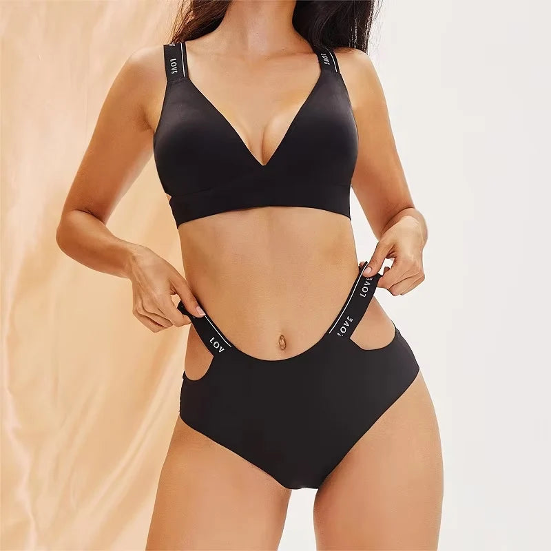 2PCS Women's Sexy Letter Seamless Ice Silk Bra Panties Set High Elastic Hollow Cross Waistband Panties No Wire Push Up Brassiere