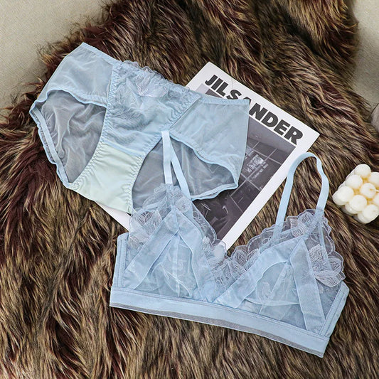 Women's Bra Set French Sexy Sweet Girl Without Steel Ring Color Collision Underwear Thin Section Gathered Lace Triangle Cup Bra